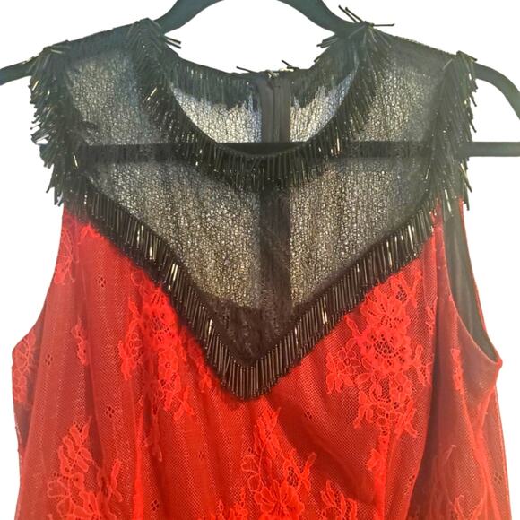 EUC DVF Beaded & Lace Black Red Midi Dress Sz 8 - Picture 1 of 8